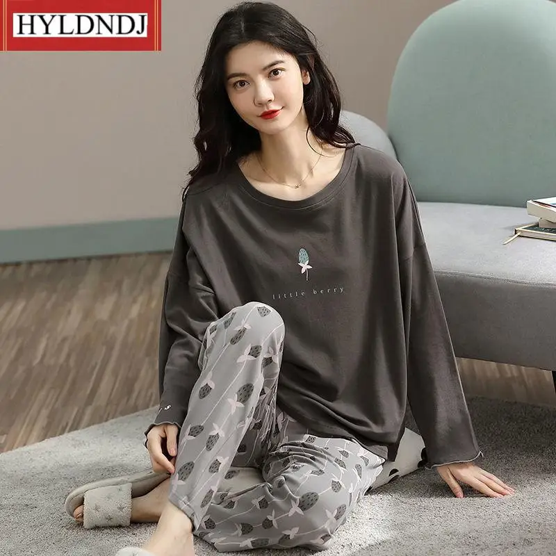 New Spring /autumn Thin 2Pieces Pyjamas Womens Girls Round Neck Long Sleeve Lovely Home Wear Sleepwear Pajamas Set M-5Xl