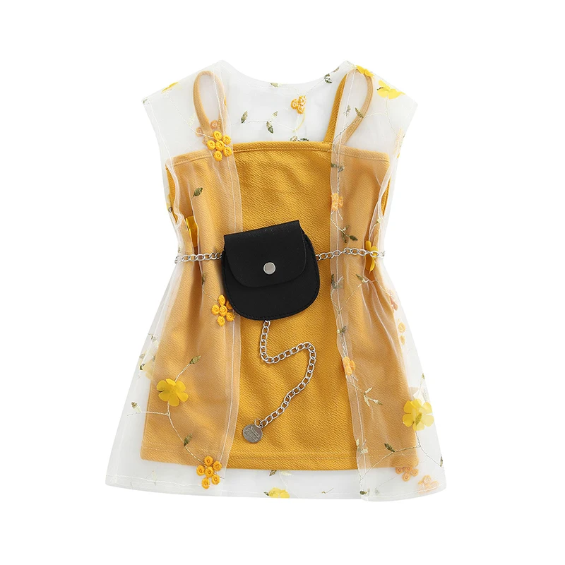 

Fashion 3Pcs Girls Clothes Solid Color Suspender Dress and Flower Smock Cover-up with Waist Bag Set