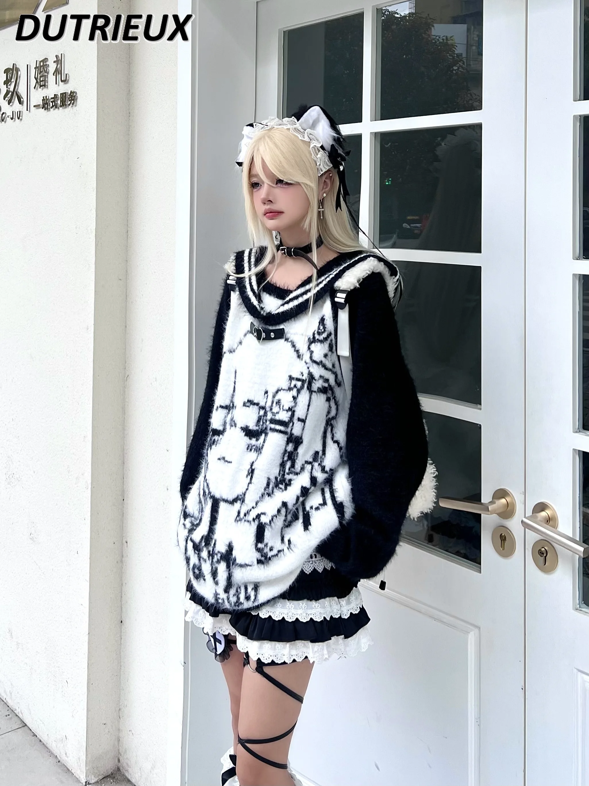 Оригинальный темно-синий милый свитер с воротником для девочек осень-зима мягкий