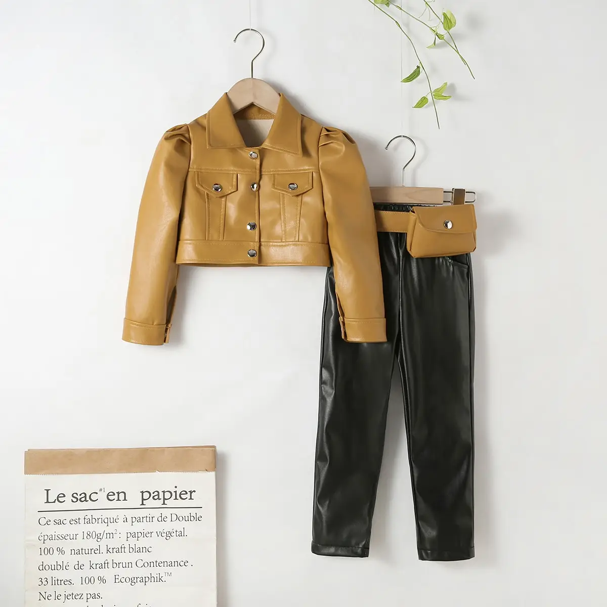 

Fashion Clothes Set Girls Leather PU Lapel Short Jacket and Trousers For Children with Waist Pack