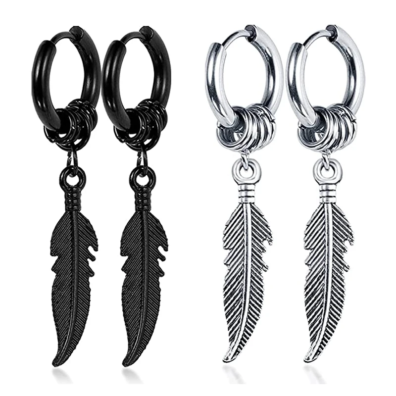 

2 pairs Fashion Cross feather Stud Earrings Punk Rock Style For Women men High Quality Stainless steel Hiphop Ear Jewelry