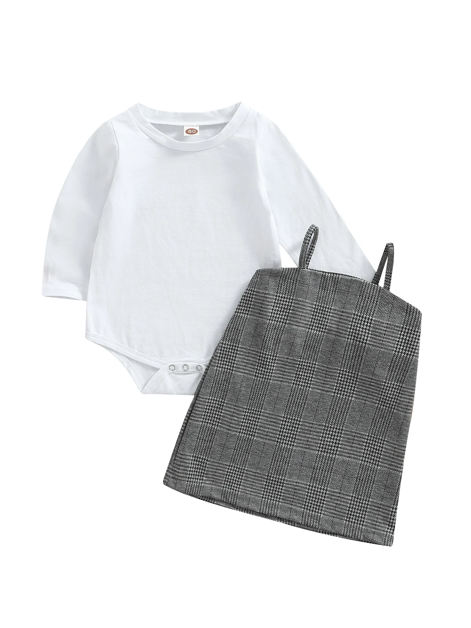 

Toddler Baby Girl Overall Outfit Solid Long Sleeve Cotton Romper Plaid Strap Suspender Dress 2PCS Clothes Set