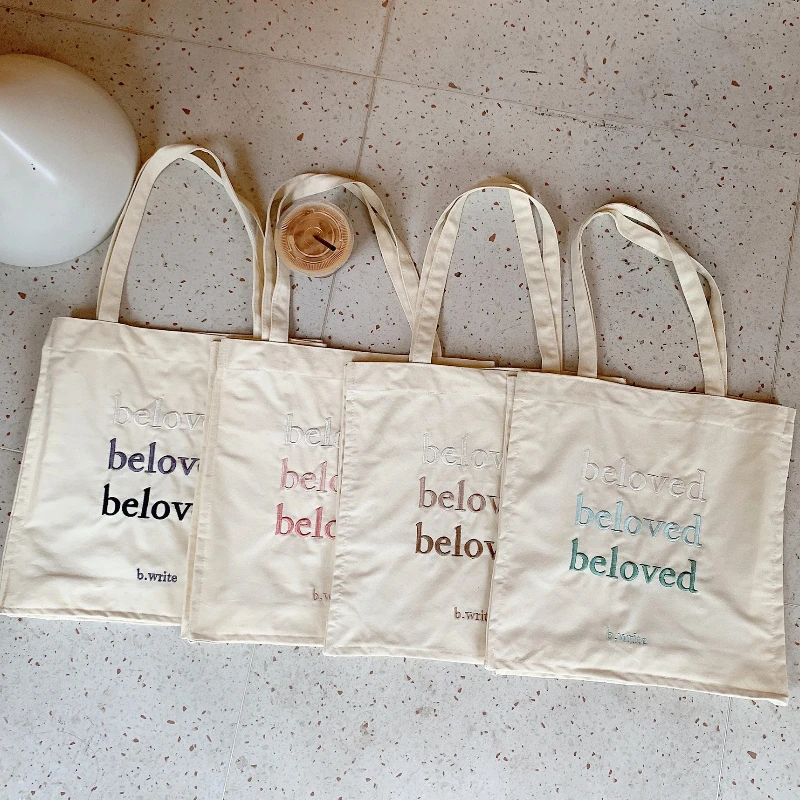 

Beloved Letter Embroidered Women Canvas Tote Bag Simple Girls Solid Color Shoulder Bag Female Large Shopping Bag Casual Handbags