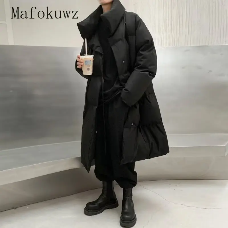 Зимнее однотонное длинное пальто с воротником-стойкой модное мужское теплое