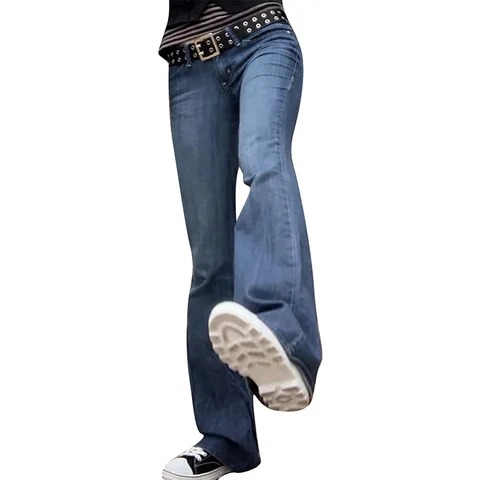 Женские повседневные джинсовые брюки-клеш ITFABS, однотонные свободные брюки с низкой талией и карманами
