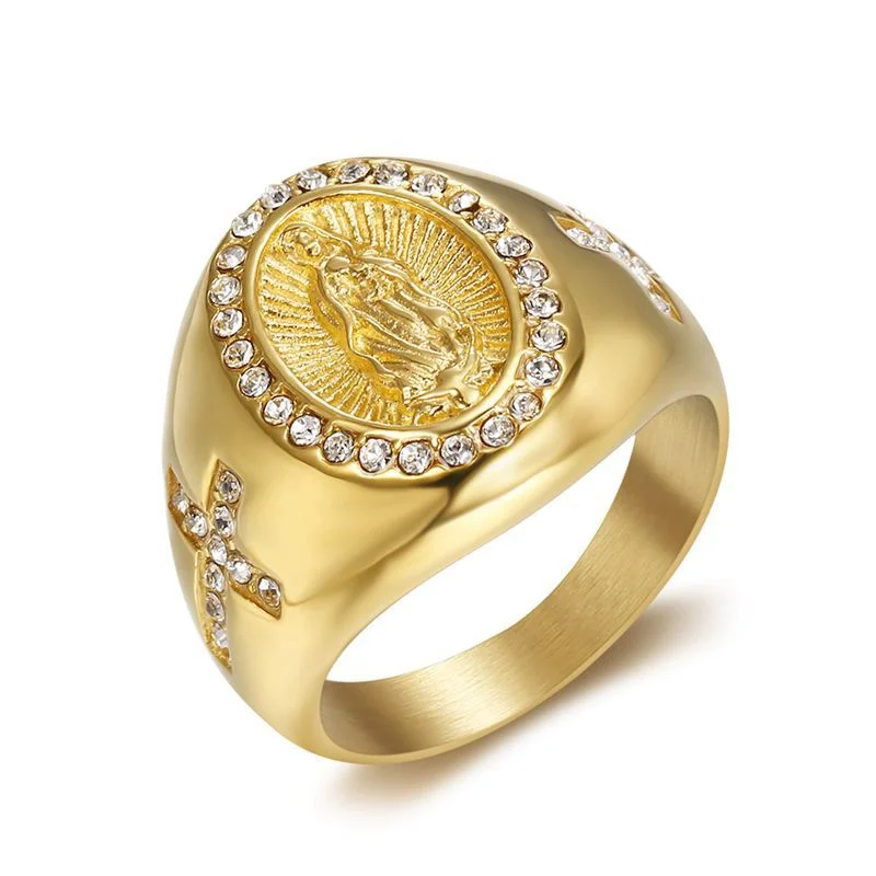 

Religious Christian Catholic Virgin Mary Rings for Men Hip Hop Jewelry Rhinestones Gold Plated Stainless Steel Punk Rock Ring