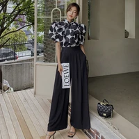 casual loose 2 piece women sets female short sleeve bow dots shirts blouses and wide leg pants suits 2022 summer outfits ws21