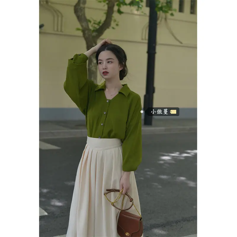 

New Fashion Office Skirts Suits Women Spring Fall Long Sleeve Green Shirts Top&High Waist Midi A Line Skirt Two Piece Set E372