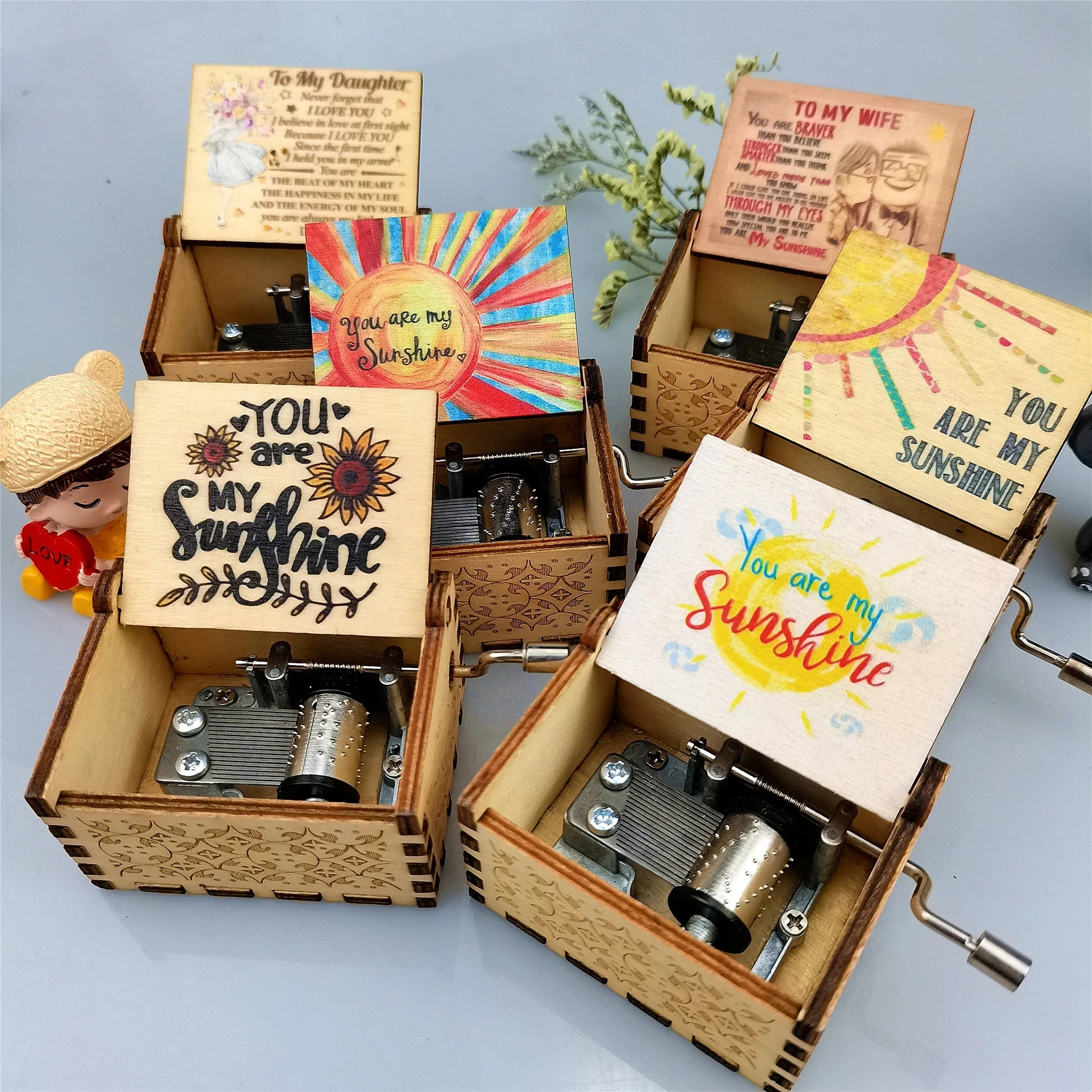 New You Are My Sunshine Music Box Color Printing Wooden Hand Crank Musical Box Birthday Present Valentine's Day Christmas Gift