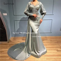 sumnus mermaid satin saudi arabia evening dresses 2022 long sleeves sweetheart lace appliques women abendkleider robes de soir%c3%a9e