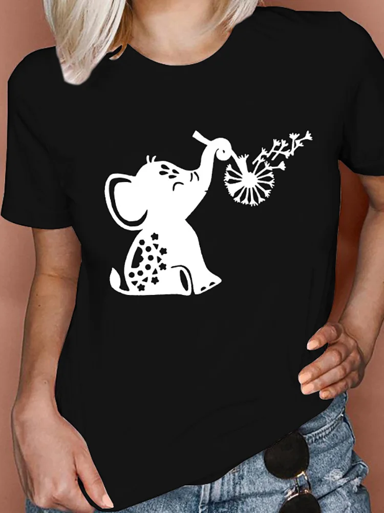 

Cartoon elephant dandelion Print Women Tshirt Funny Black T Shirt femme Harajuku Graphic Short sleeve Summer T shirt Tops Tees