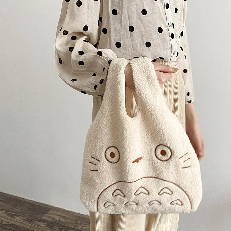 

New Arrival Cartoon Totoro Embroidery Lamb Fabric Handbag for Women Girls Japan INS Shoulder Bag Tote Bag Soft Fur Shopper Bag