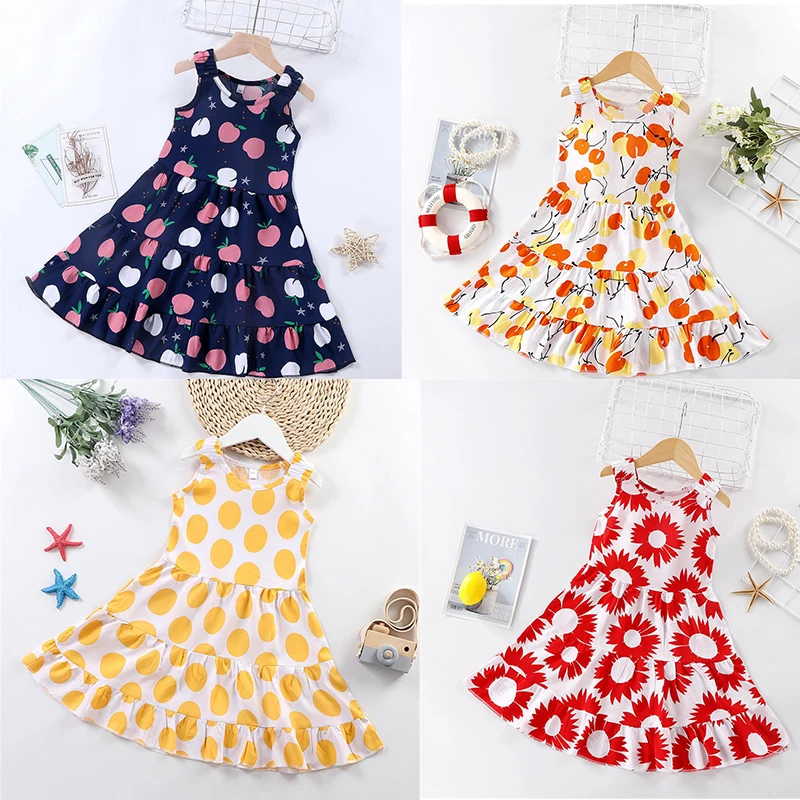 

3-10 Years Baby Girls Suspender Flower Print Casual Clothes Kids Summer Dress Cotton Children Party Ball Pageant Skirt Outfit