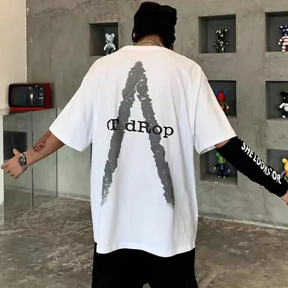 

Летняя Повседневная футболка с коротким рукавом, хлопковый топ с коротким рукавом в стиле американской уличной моды Y2K и граффити ручной росписи в стиле хип-хоп, мужская одежда