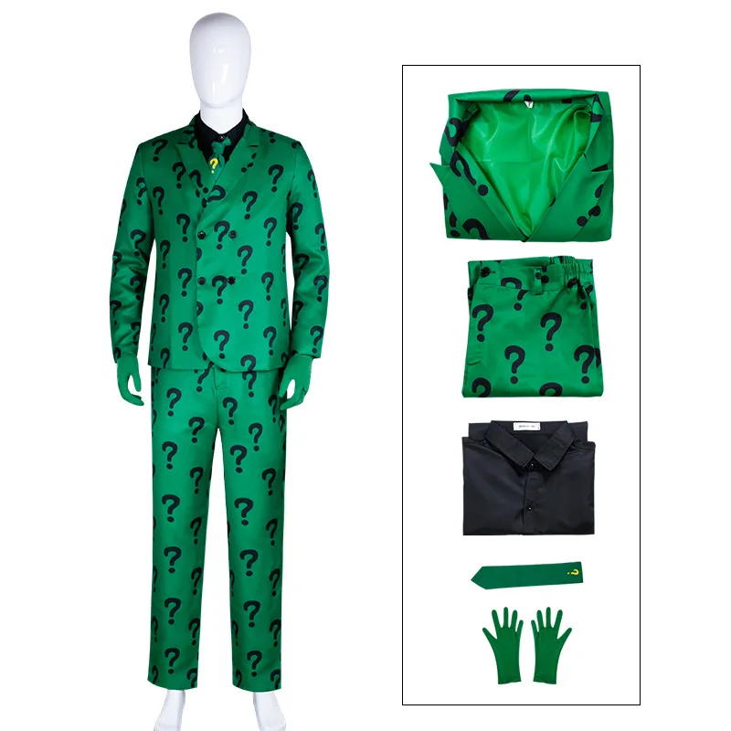 Edward Nygma Cosplay Green Adult Halloween Costume DC Villain Riddler Cosplay Green Question Mark Suit for Men Outsuits