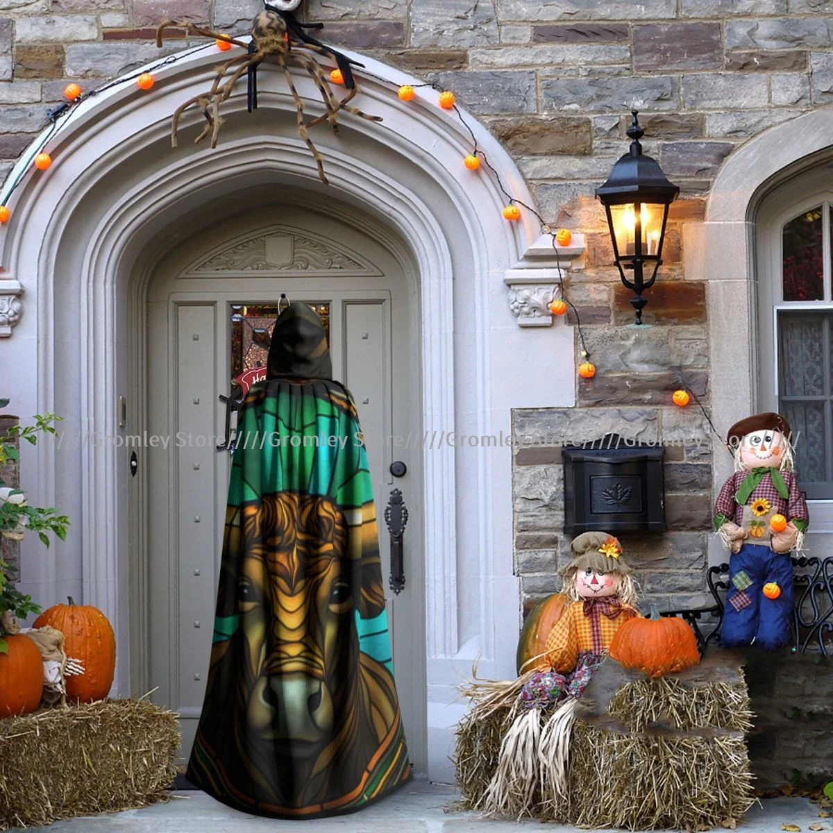 Длинный халат ведьмы с капюшоном в стиле витражного стекла накидкой быка на