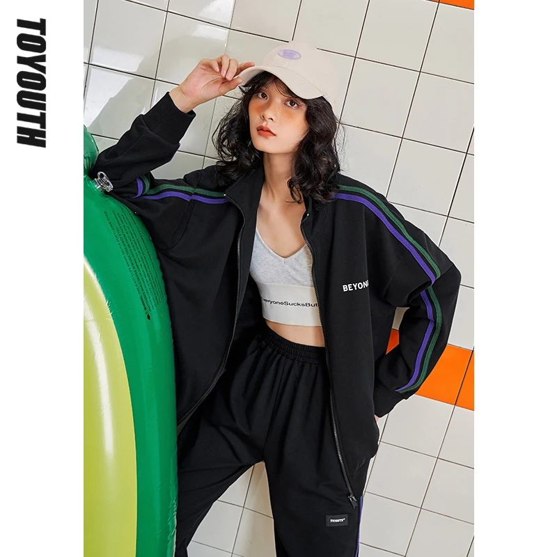 

Toyouth Women Coat 2021 Autumn Zipper Loose Striped Contrast Color Leisure Casual Sports Jacket