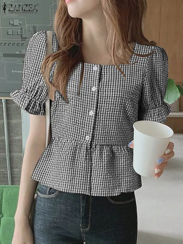 

Элегантные Топы в клетку, женские летние блузки с рюшами ZANZEA 2022, повседневные блузы с коротким рукавом, женские рубашки с квадратным вырезом...