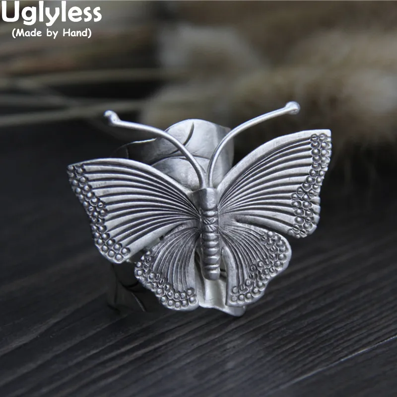 

Uglyless Huge 999 Full Silver Butterflies Jewelry Sets for Women Exaggerated Big Butterfly Rings Earrings Bracelets Thai Silver