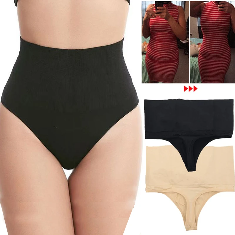 

High Waist Body Shaper Thongs Shapewear for Women Panties Tummy Control Slimming Seamless Underwear Nude Black T-Back Brief