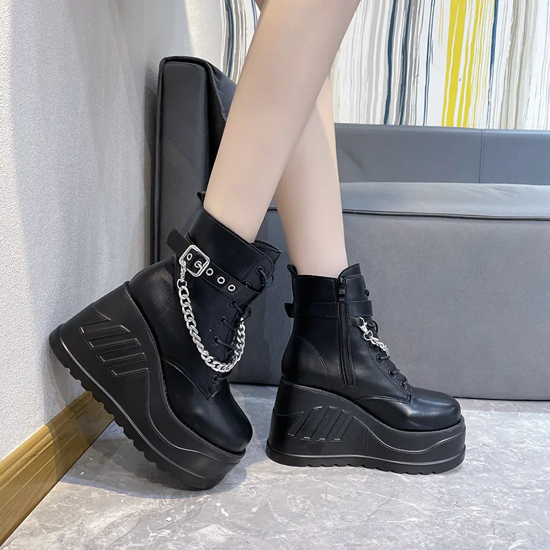 Brand Design Fashion INS Hot Sale Gothic Cosplay Black Chunky Platform Pumps High Heels Wedges Long Boots Women Mary Janes Shoes