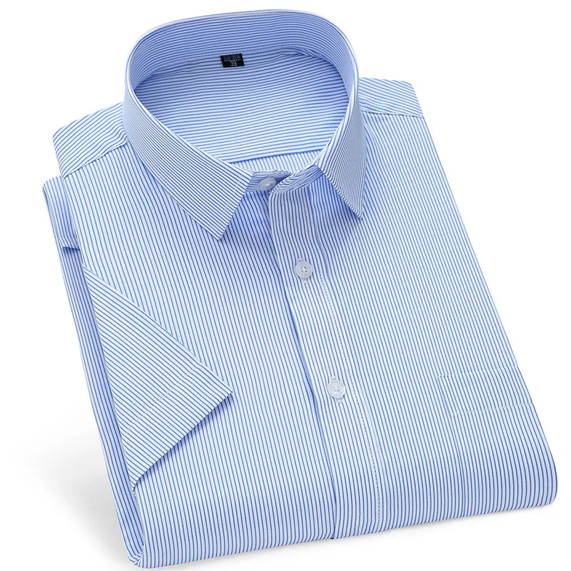 Summer Solid Color Striped Casual Short Sleeve Shirts for Men Business Workwear Blue Shirt Men's Half Sleeve Shirts for Men