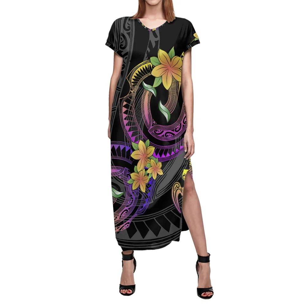 

Loose Sexy T-shirt Short Sleeve Side Slit With Pocket Dress Polynesian Hawaii Tribal Tattoo Tropical Flowers Print Women Dresses