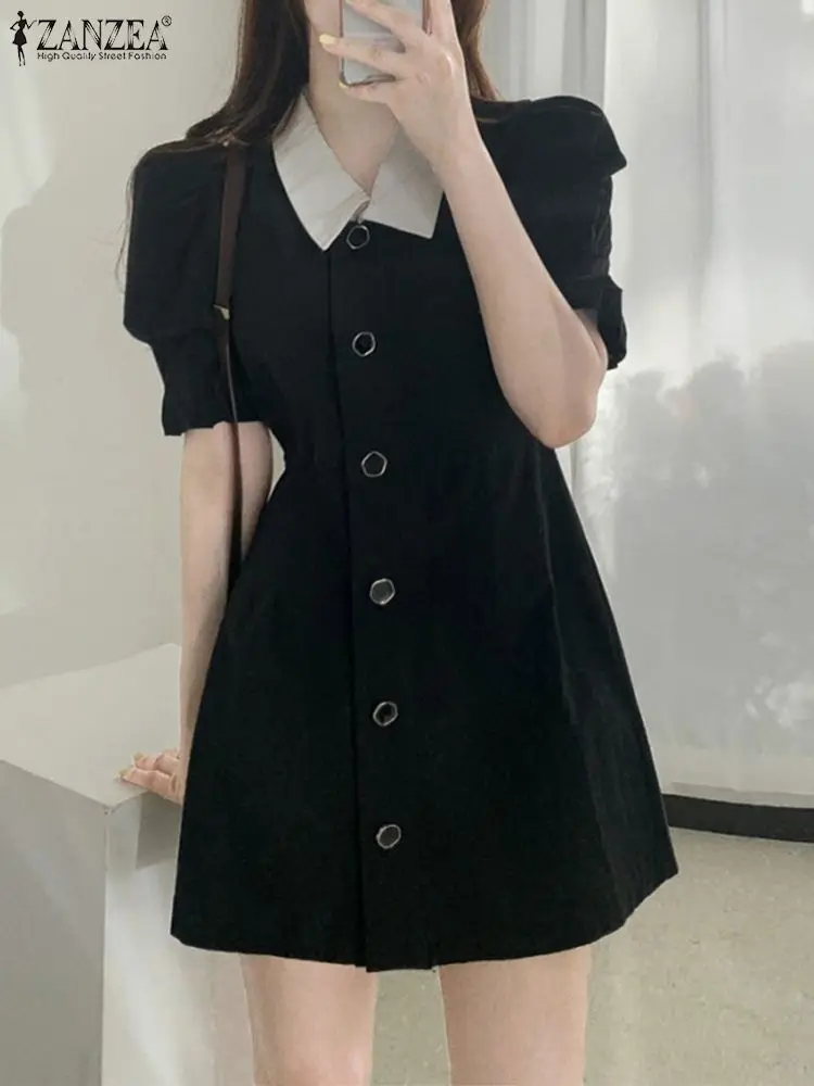

ZANZEA Korean Fashion Puff Sleeve Sundress Button Up Colorblock Sweety Cinched Waist Mini Dress Women Lapel Collar Short Robes