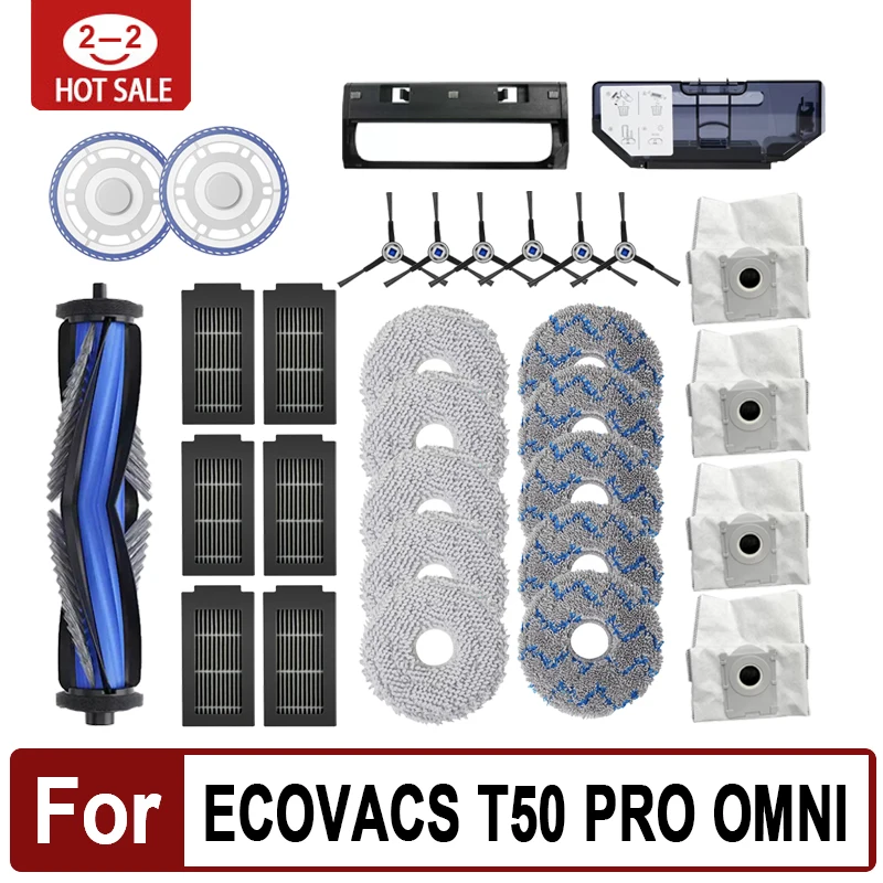 Фото Подходит для ECOVACS T50 PRO OMNI/T50 OMNI, запасные части для робота-пылесоса, основные боковые щетки, тряпки для швабры, HEPA-фильтры, мешки для пыли, аксессуары №1