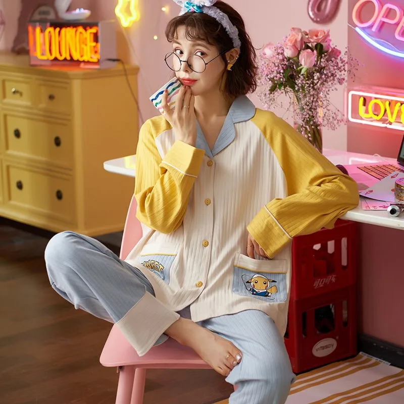 Pyjama Sets of Women 2 Pcs Elegant Cotton Night Wears for Women Pajamas New Set Long Sleeve Homewear Student Free Shipping