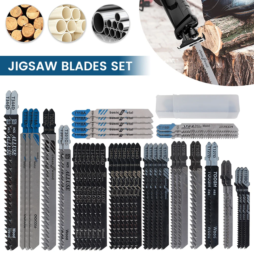 

48Pcs Jigsaw Blades Set HCS Jigsaw Blades T-Shank Jigsaw Blades Wood Cut Assorted Jig Saw Blades For Wood Plastic Metal Cutting