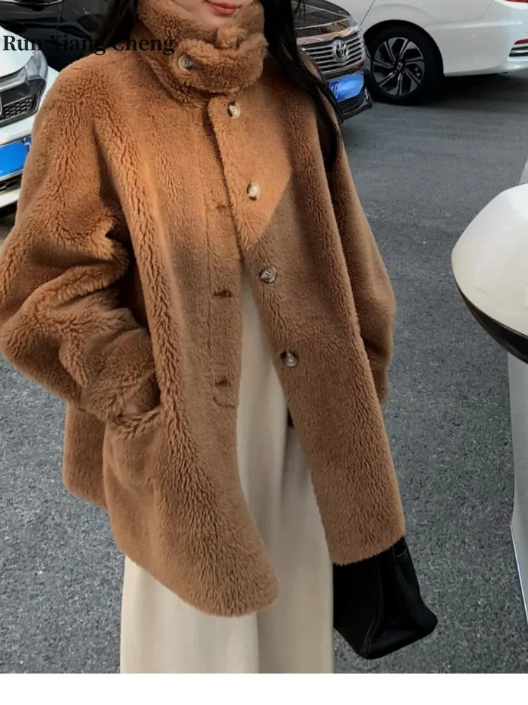 Women's Winter Lambhair Jacket 2023 New Fur Plush Coat Elegant Women's Lamb Fur Luxury Designer Mid-length Stand Up Collar Thick