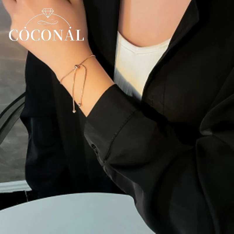

COCONAL Simple Design Titanium Steel Pull-out Adjustable Bracelet Gold Color Snake Chain Bangle for Women Beads Jewelry Gift