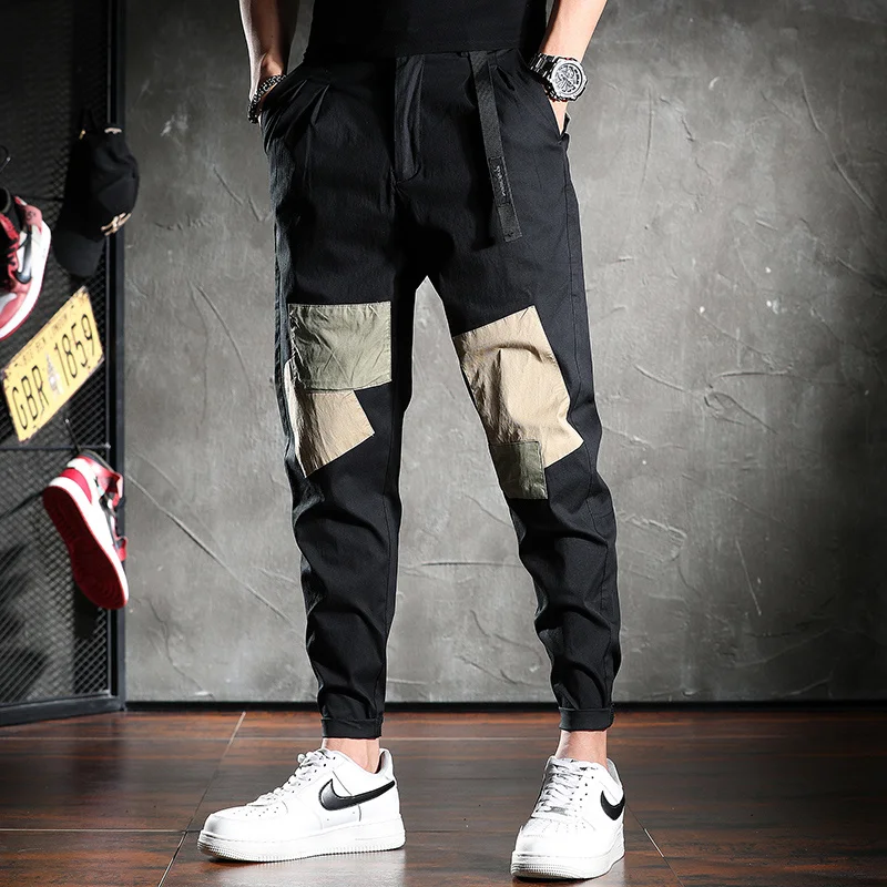 

Thin Black Summer Casual Pants Men Fashion Patchwork Patch Trousers