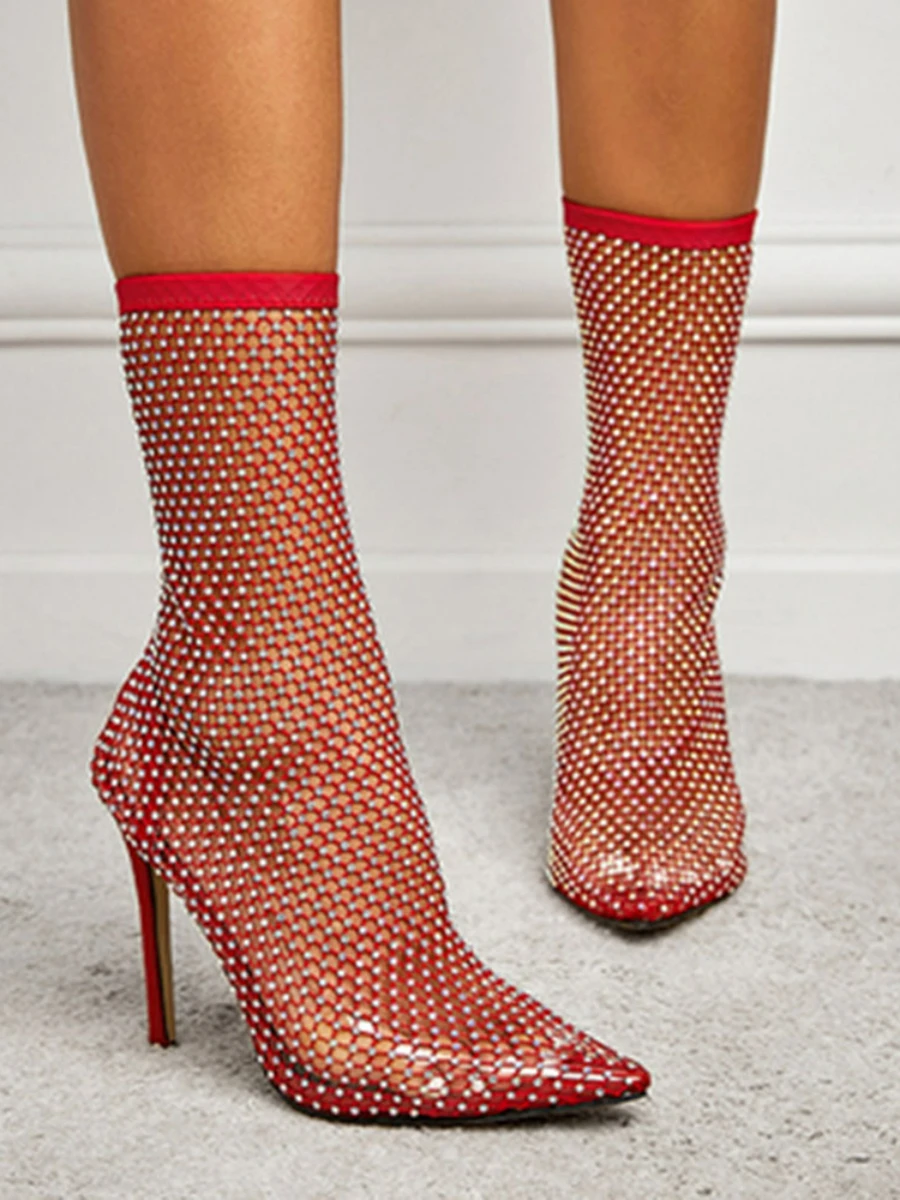

BIKINIKEY New Versatile Breathable Mesh Top Fashion Short Boots Hollow Thin Heels Bed High Heels Fake Women