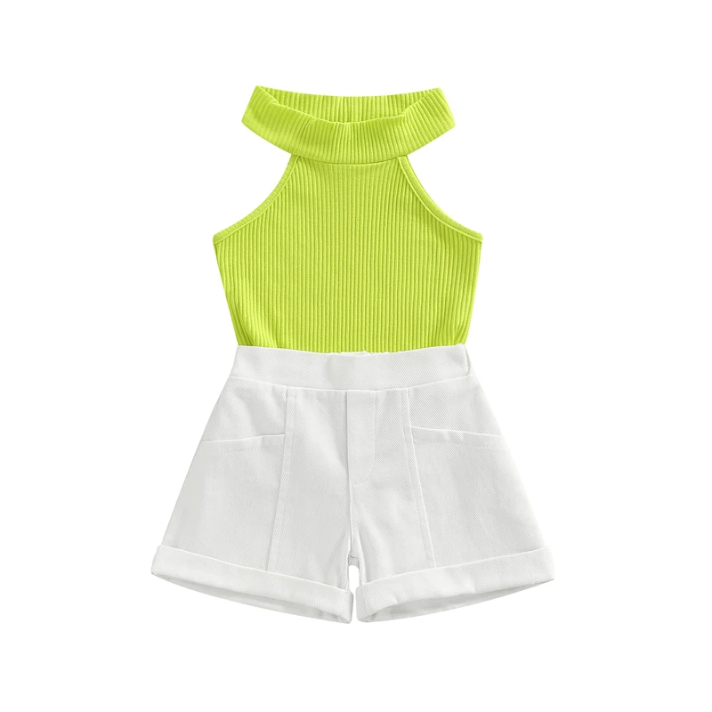 

Комплект из двух предметов для маленьких девочек, модный однотонный жилет с круглым вырезом и короткие карманы, летняя одежда