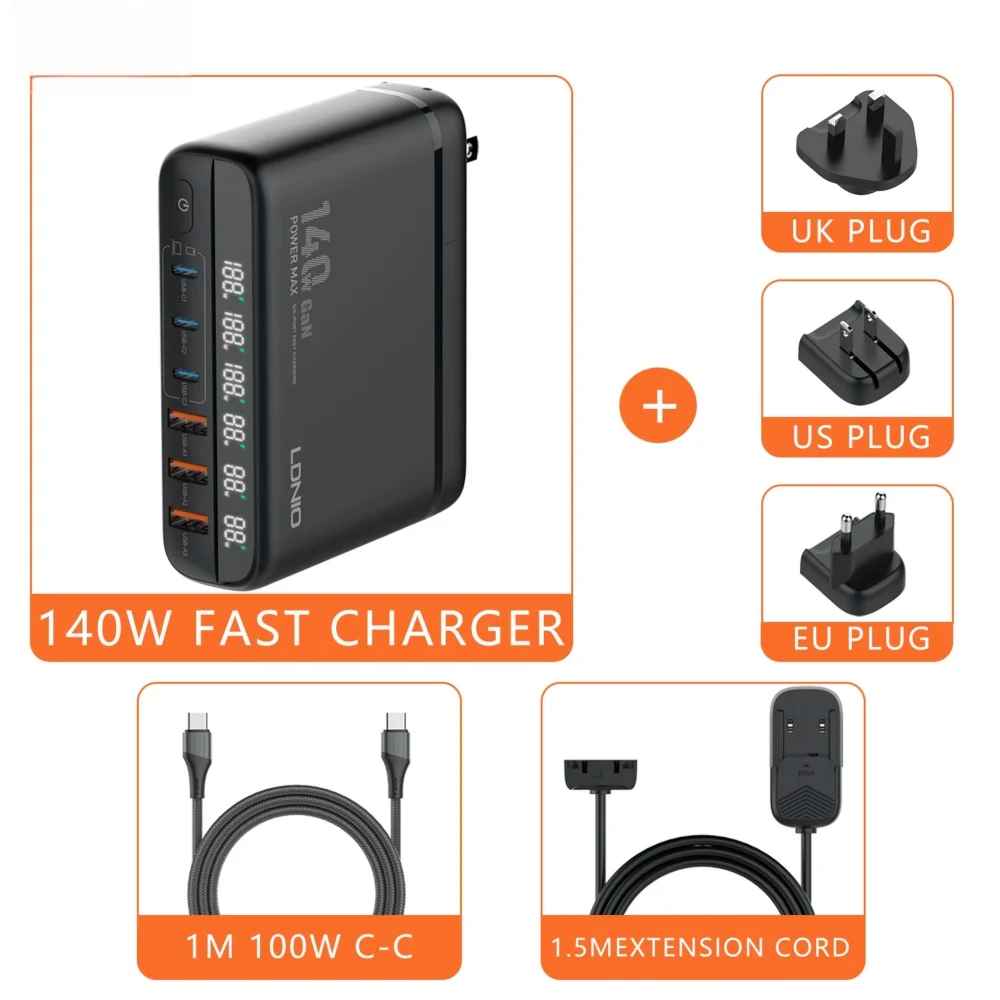 LDNIO 140 Вт GaN USB Type C Быстрое зарядное устройство с внешним переключателем для