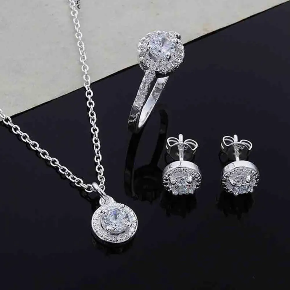 

Necklace Fashion Women Ring Round Zircon Ear Studs Open Party Jewelry Charm Set