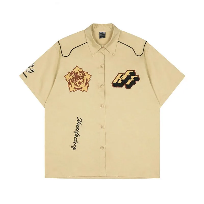 

Khaki Black Men's Social Shirt Short Sleeve Overisze Shirts Embroidery Hip Hop Vintage Tops Summer Casual Stylish Camicia Uomo