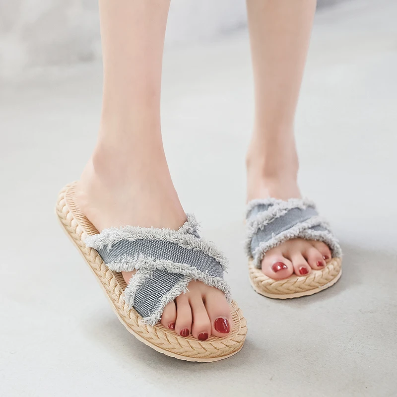 

Women Fashion Slippers Cross Denim Upper Sandals Ladies Summer Outdoor Casual Shoes House Indoor Hemp Slipper Flax Slides