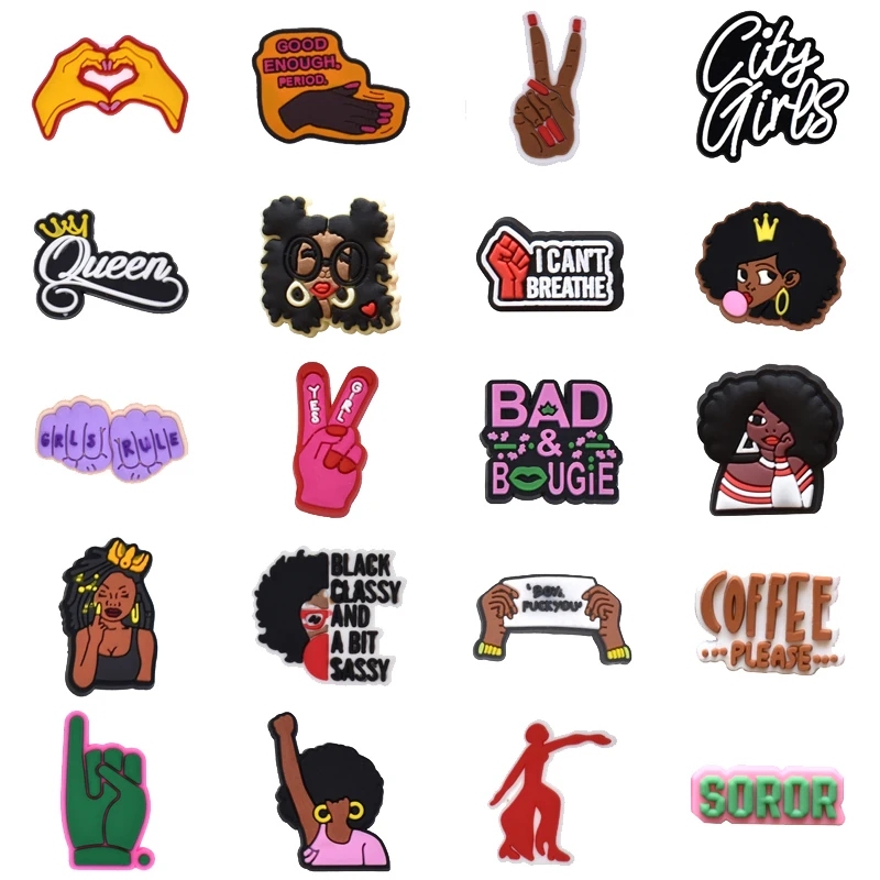 

Wholesale 1Pcs PVC Black Girls for Crocs Charms DIY Badge Women Sandals Buckle Kids Pins Decoration X-mas Gift Shoe Accessories