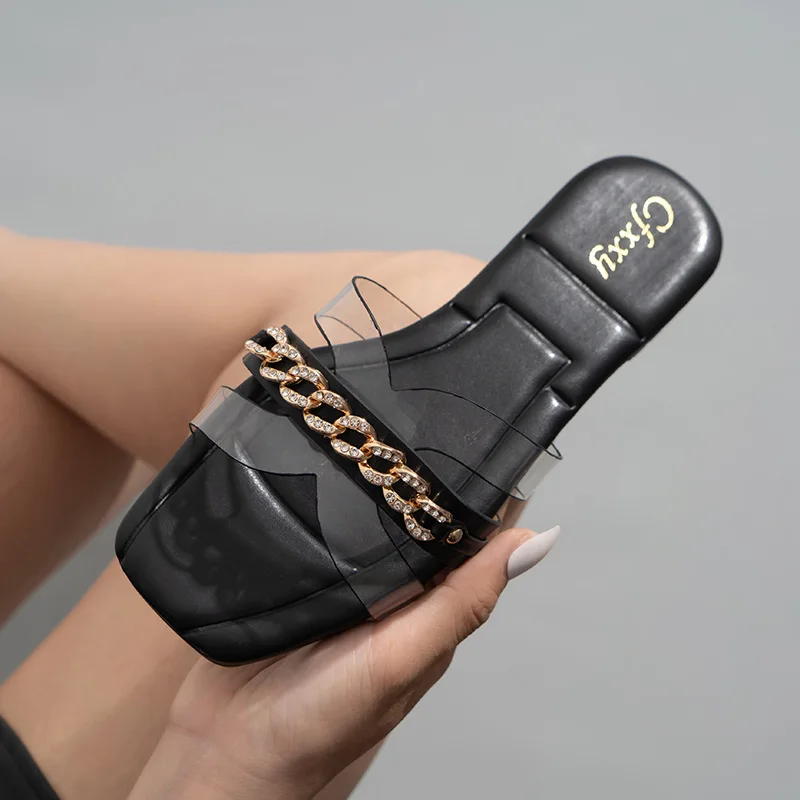 

Сандалии женские с цепочкой и кристаллами, классические дизайнерские брендовые шлепанцы для пляжа, Нескользящие, сланцы, модные выразитель...