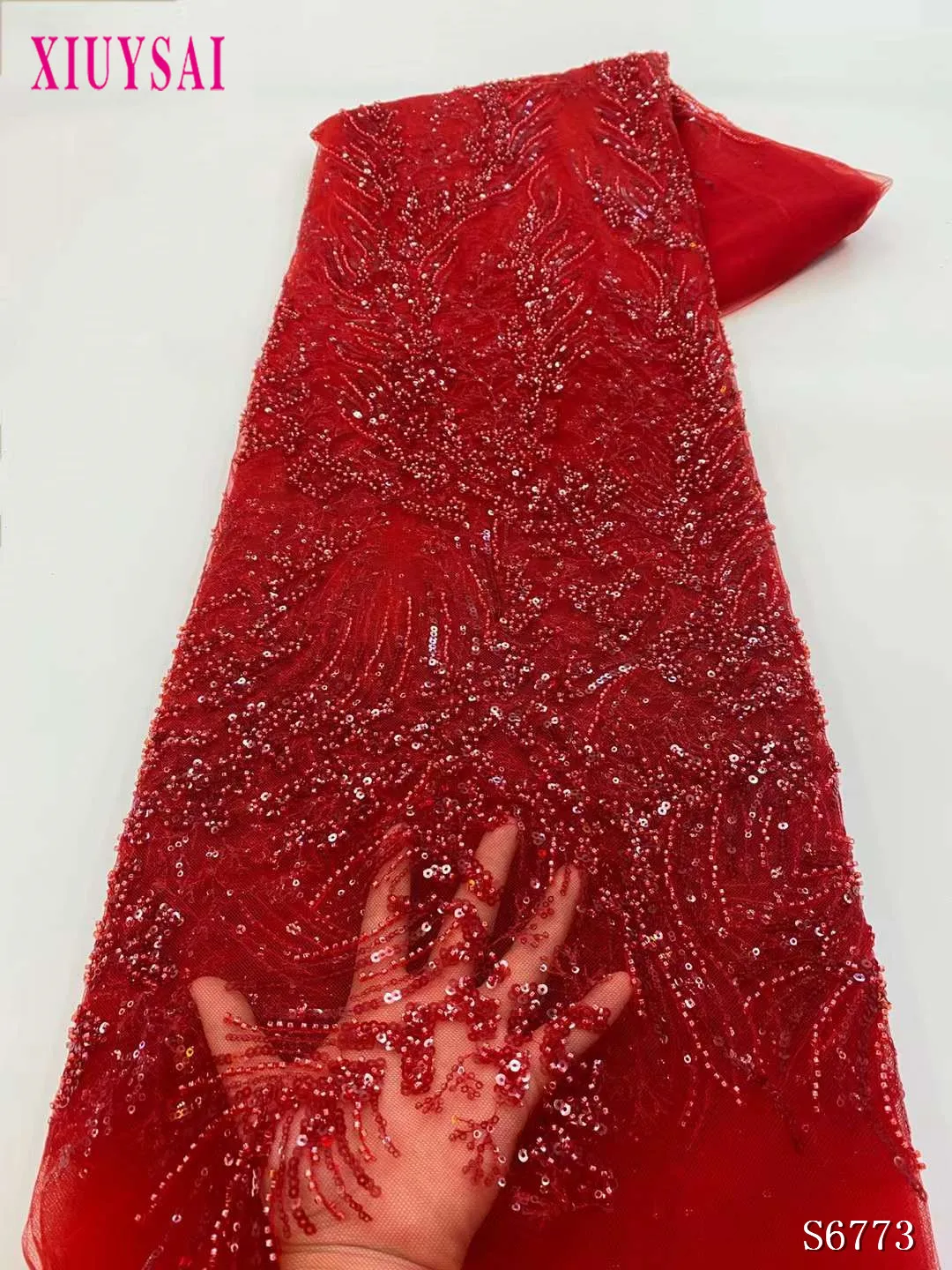 

2023 High Quality African 5 Yards Net Lace Fabric French Bridal Luxury Embroidery Beaded Sequins Lace Fabric For Wedding