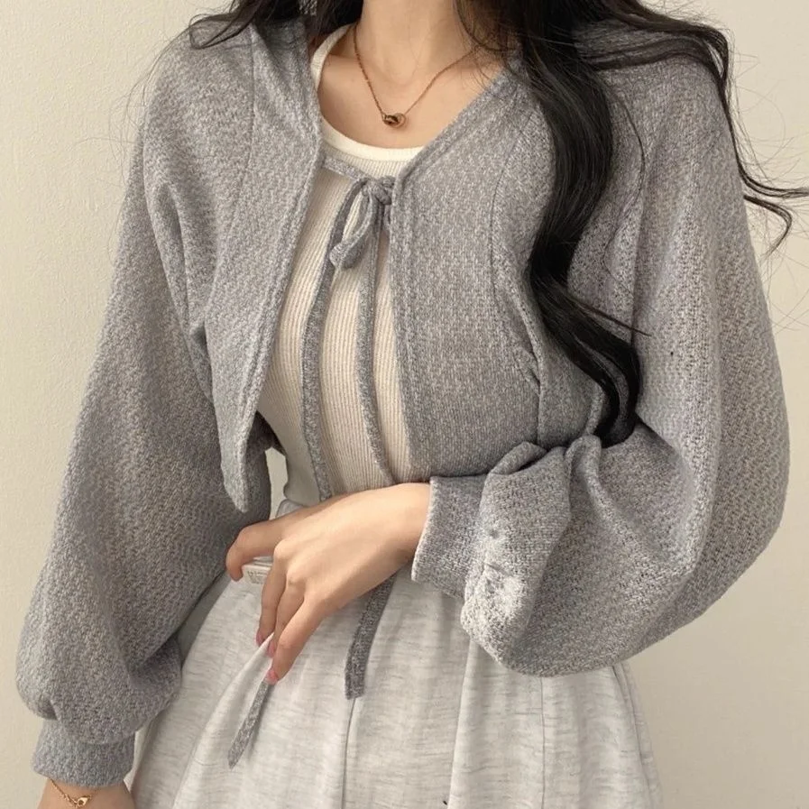 

Women Y2k Clothing Sunscreen Cardigan Lace-up Knit Tops Autumn Traf Clothes Long Sleeve Korean Shirt Short Coat Sun Protected