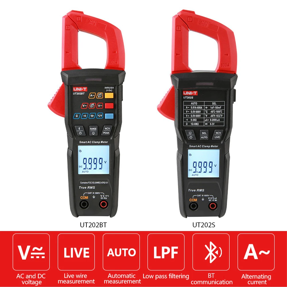 

Цифровой измеритель-зажим UNI-T UT202S UT202BT, Постоянный/переменный ток, 6000 отсчетов, мультиметр, амперметр, тестер напряжения, ампер, Гц