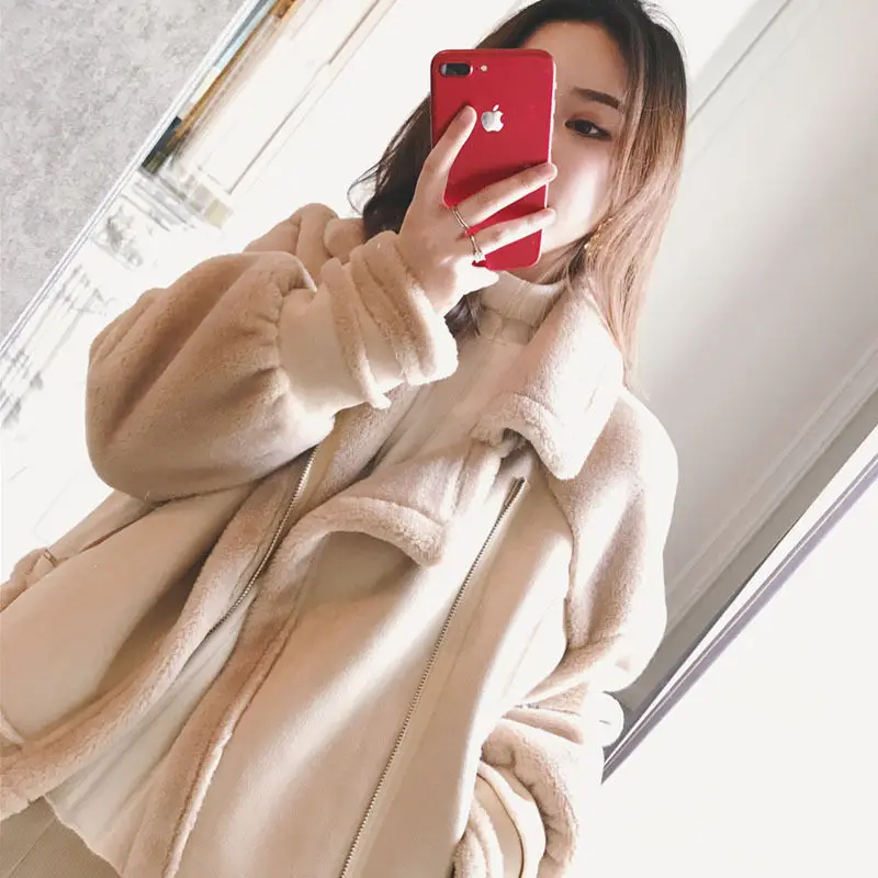 KoHuiJoo Faux Leather Suede Lambs Wool Coat Female Shearling Overcoat Thickening Warm Motorcycle Jacket Cotton-padded Clothes