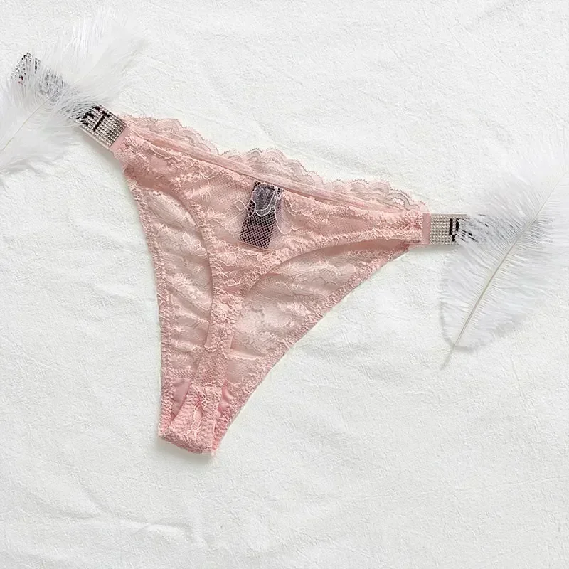 VS-Calcinha de Renda Cintura Baixa Feminina Sutiã Strass Thong Roupa Interior Conforto Letras Sexy Marca
