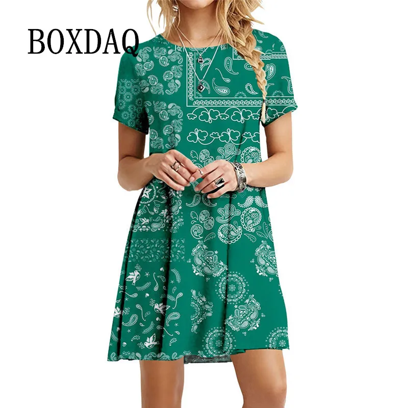 

Oversized Vintage Print Dress For Womens Short Sleeve O-Neck Loose A-Line Dress Beach Sundress Ladies Casual Mini Dress Vestidos