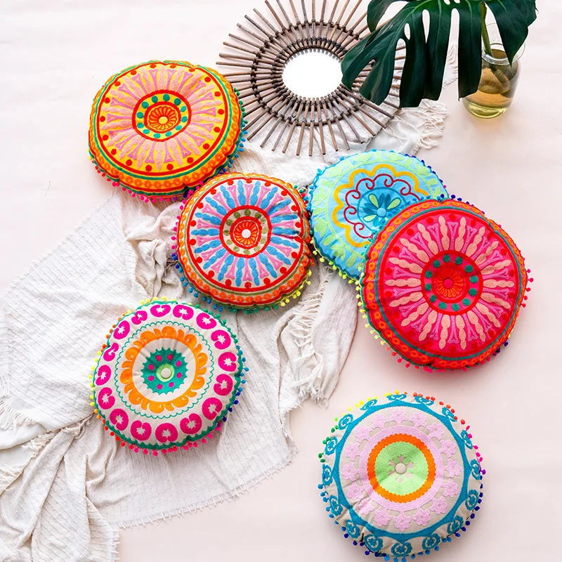 

Bohemian Moroccan Style Cushion Ethnic Mandala Floor Pillows Meditation Cushion Embroidered Round Futon Fluffy Seat With Filling