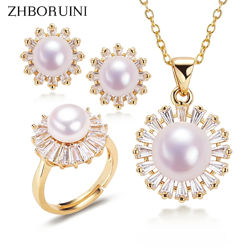 ZHBORUINI Zircon Diamond Pearl Jewelry Sets 925 Silver And Gold Real Natural Freshwater Pearl Necklace Earrings For Women